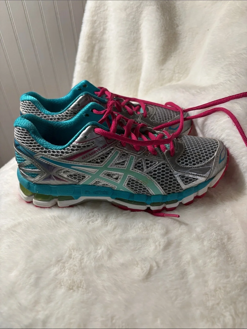 ASICS Silver Teal Athletic Shoes with Pink Laces